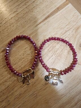 Fuchsia Beaded Charm Bracelet Set
